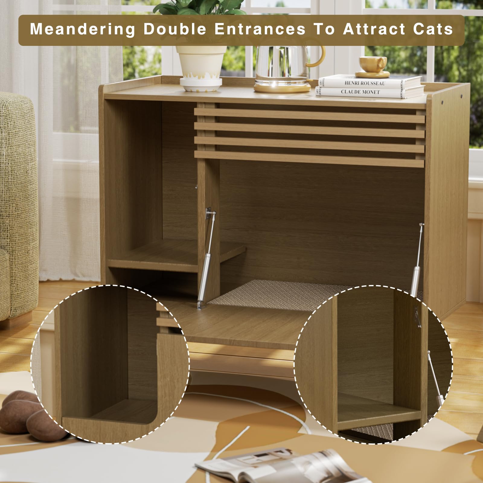 Mid-Century Modern Cat Litter Box Enclosure Furniture - Hidden Litter Box Cabinet with Scratch Pad & Flip-Down Door, Natural Wood End Table for Living Room | Pet Washroom Solution for Home Decor