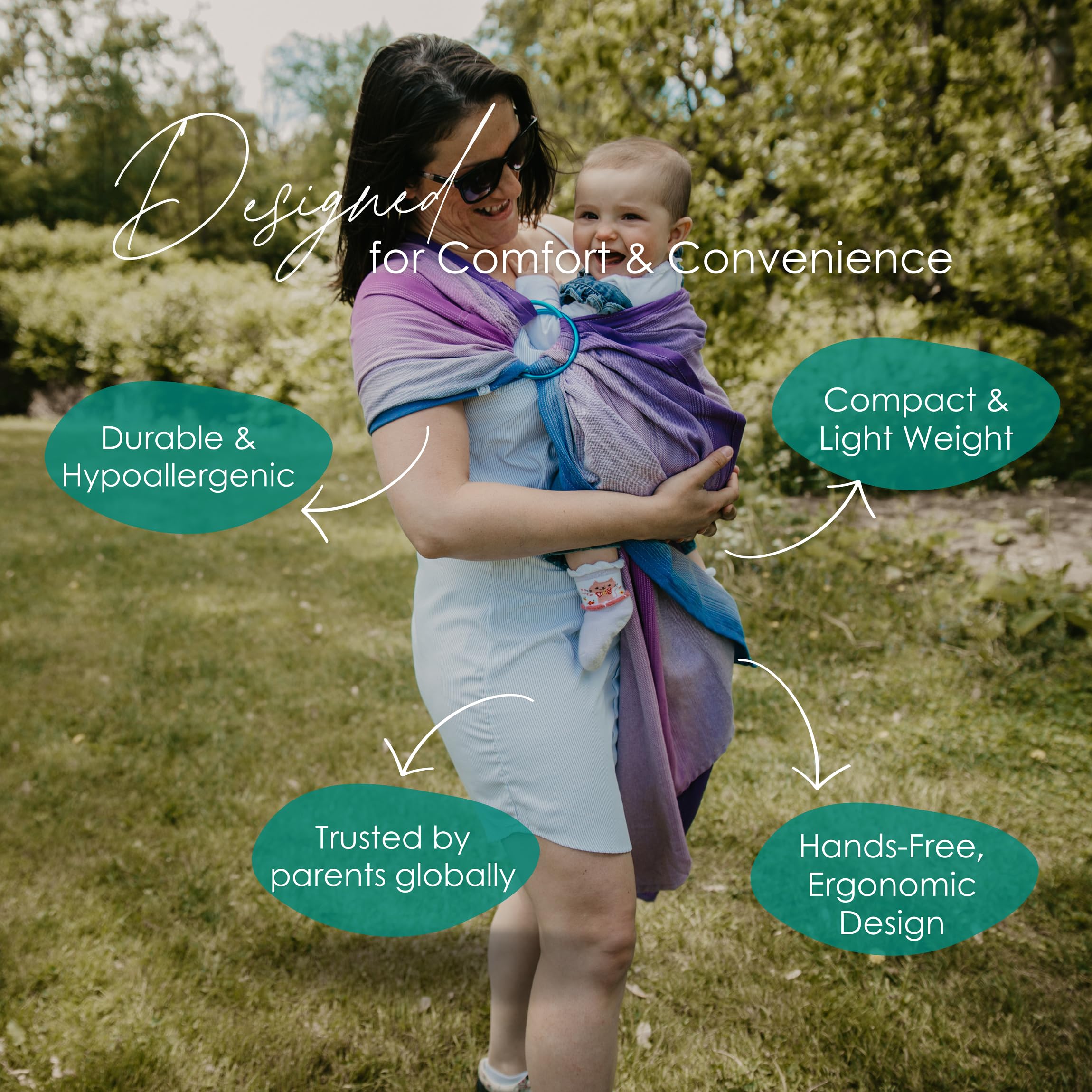 CHIMPAROO Organic Cotton Ring Sling Baby Carrier - Adjustable & Comfortable Newborn to Toddler Wrap (0-35 lbs) with Aluminum Rings - Amethyst, Size 1 - Perfect for Breastfeeding, Babywearing & Hands-Free Parenting
