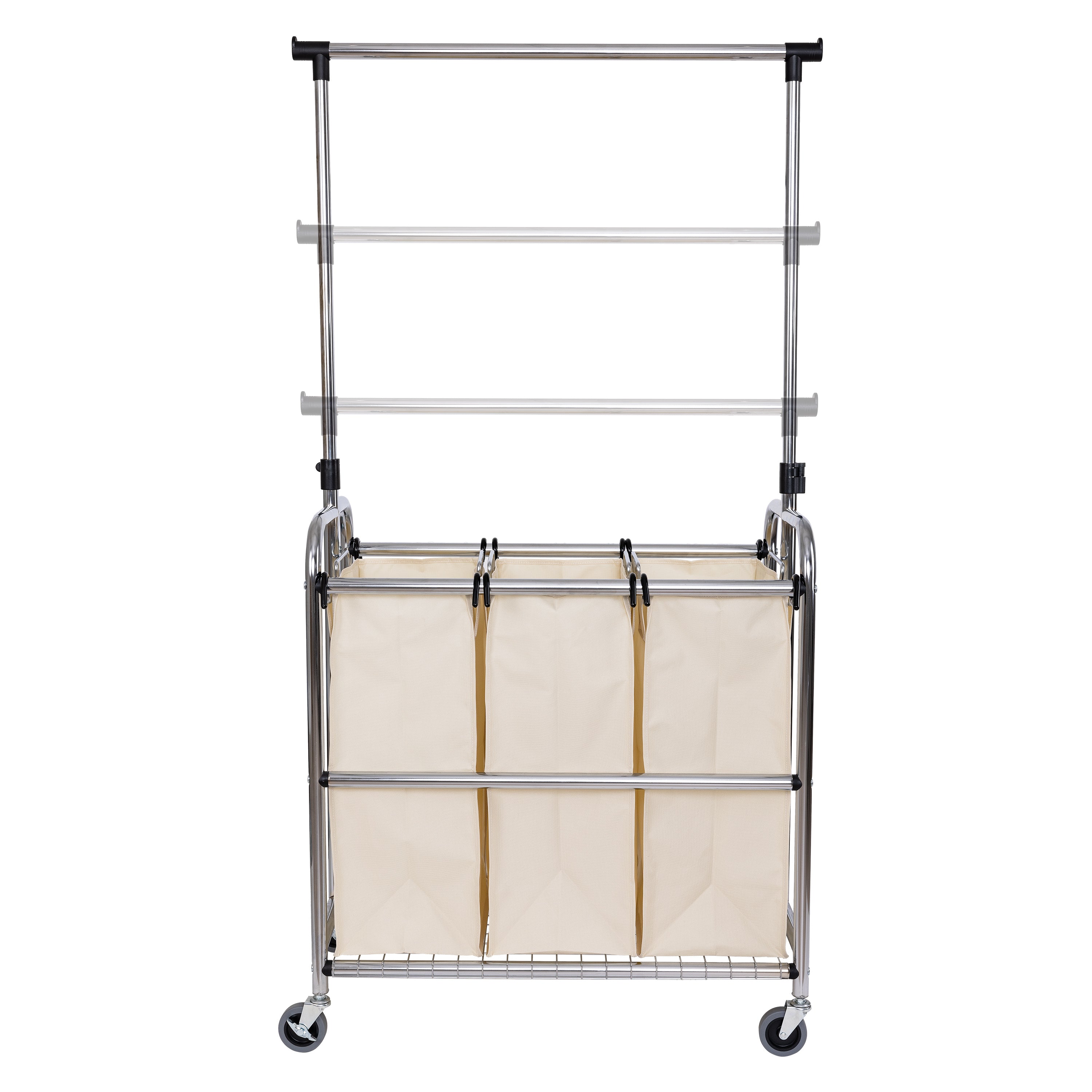 3-Tier Rolling Laundry Hamper with Hanging Bar - Steel Frame Fabric Sorting Baskets for Clothes Organization - Perfect for Bedroom, Laundry Room & Dorm Storage