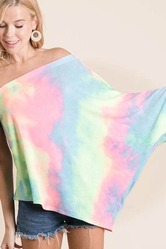 BiBi Tie Dye French Terry One Shoulder Dolman Top | Trendy Women's Fashion | Perfect for Summer Outings & Beach Vacations