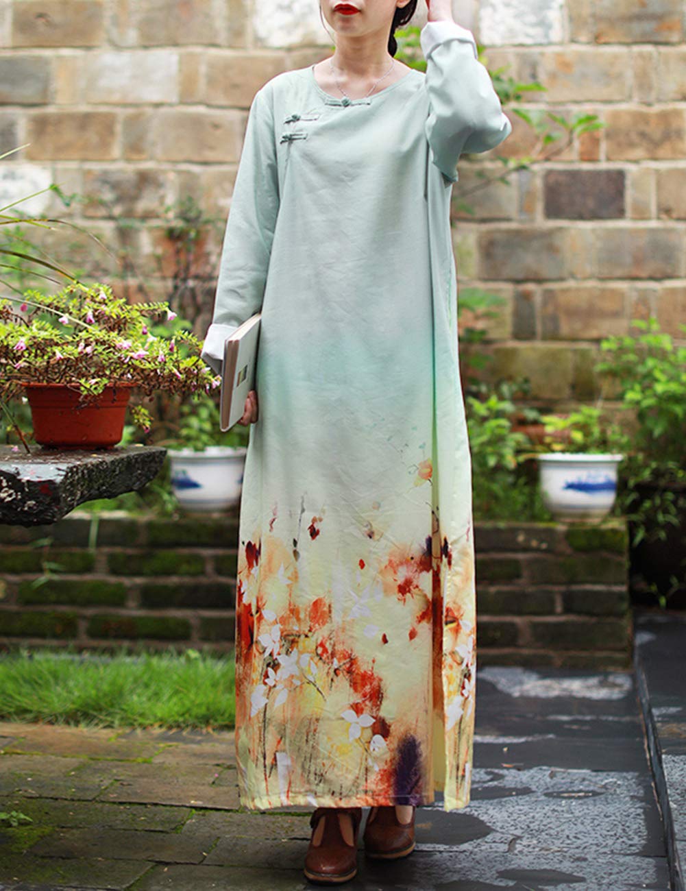 Elegant Women's Floral Print Cheongsam Maxi Dress - Chinese Ethnic Style Spring Summer Casual Dress with Pockets | Perfect for Weddings, Parties & Special Occasions