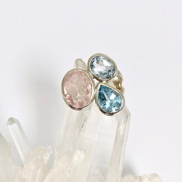 Morganite & Blue Topaz Faceted Multi-Stone Ring - Size 7.5 - PRGJ619 - Perfect for Engagement, Anniversary & Special Occasion Gifts