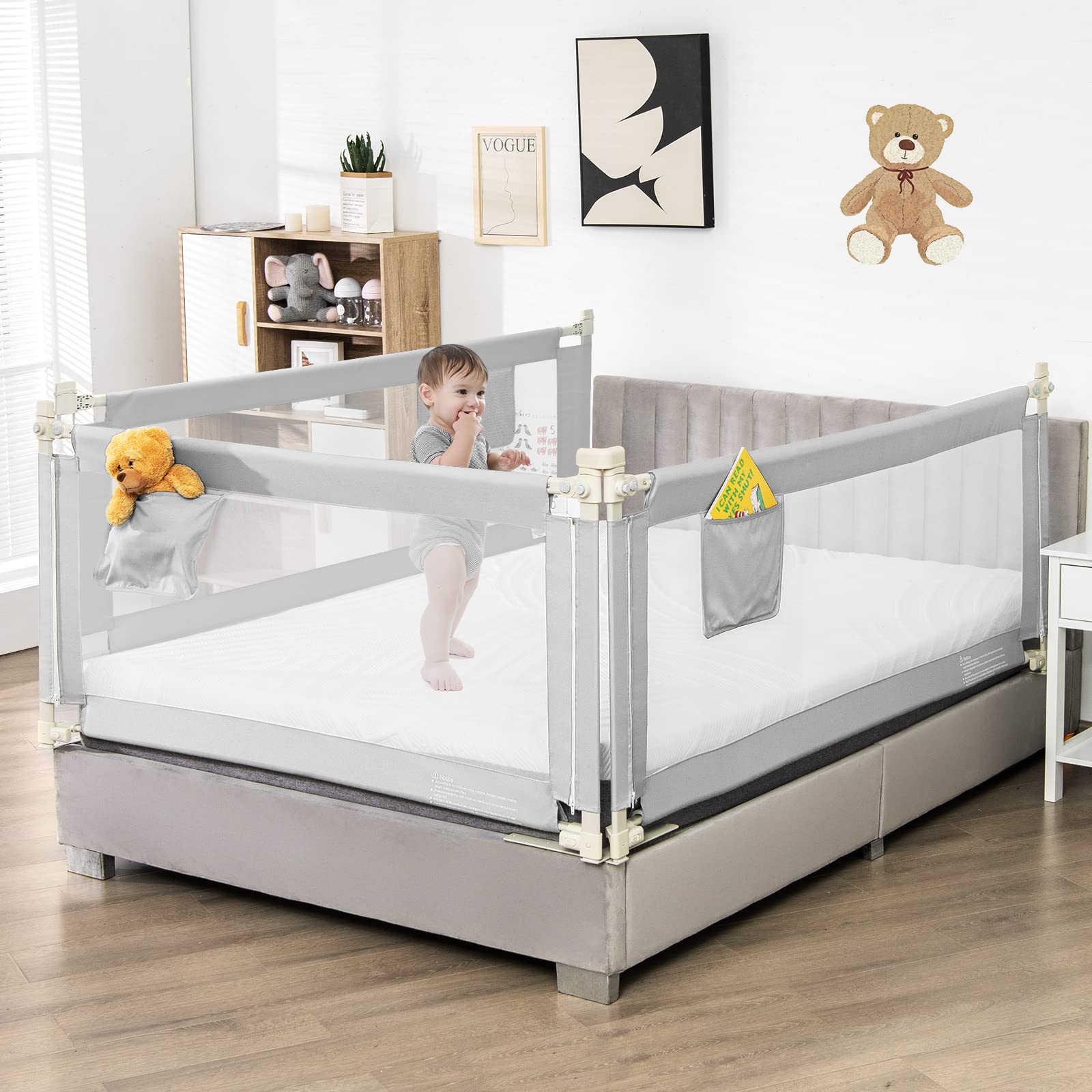 HONEY JOY 69-inch Extra Long Portable Bed Rail for Toddlers - Safety Bed Guardrail with Side Pocket, Fits King, Queen, Full & Twin Size Mattresses (Gray) - Perfect for Childproofing, Travel & Home Safety