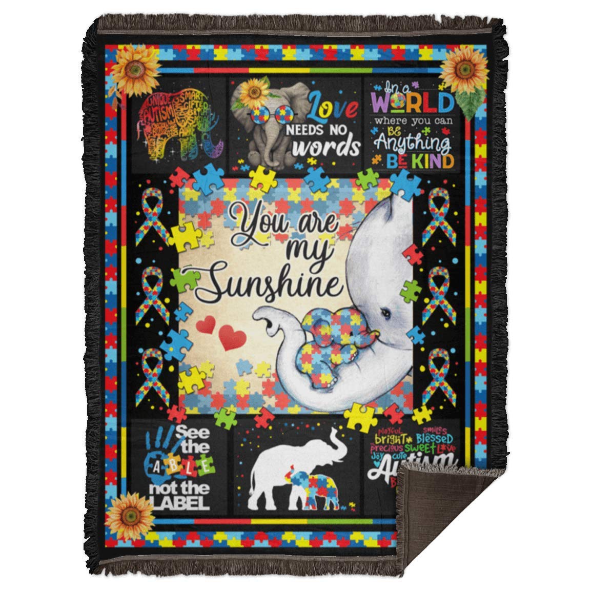 Elephant Autism Awareness Woven Blanket - 60x80 Inches Soft White Throw for Home Decor, Gift for Family & Birthday - 'You Are My Sunshine' Inspirational Quote - Perfect for Living Room, Bedroom & Cozy Nights