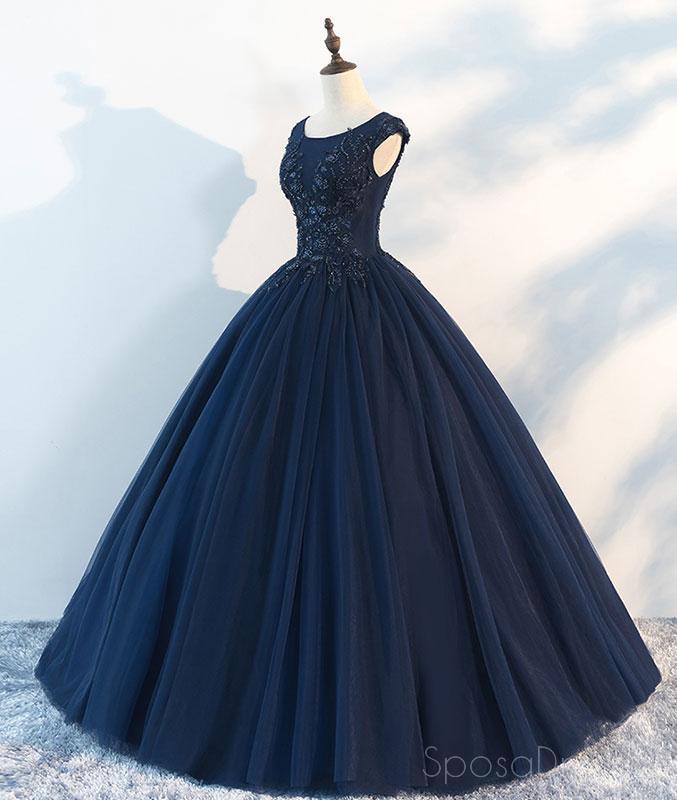 Elegant Navy Cap Sleeves Ball Gown Tulle Long Evening Prom Dress for Women - Custom Sweet 16 Dresses for Formal Events, Homecoming, Quinceañera & Special Occasions