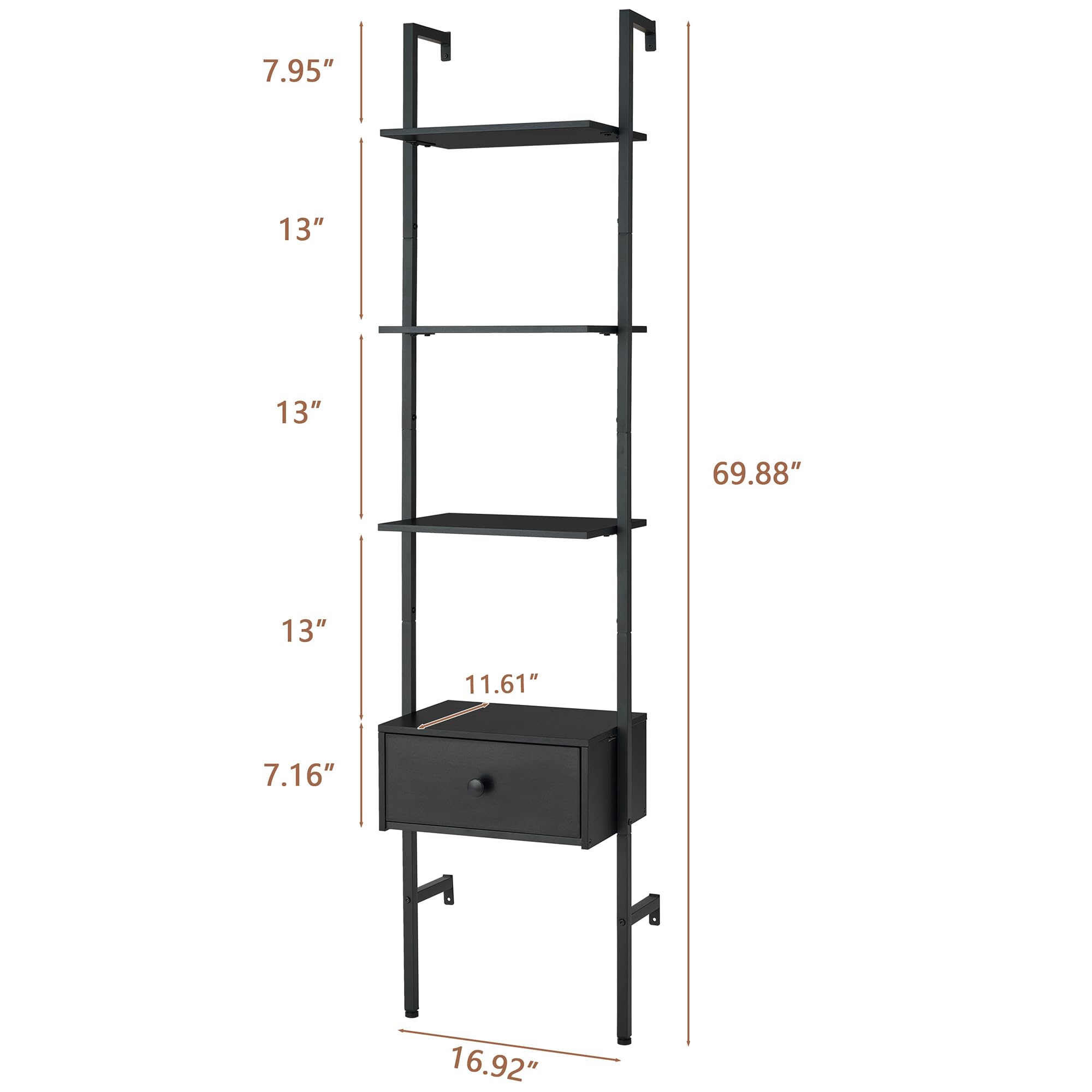 Tajsoon 4-Tier Wooden Ladder Shelf with Drawers - Wall Mounted Bookcase Storage Shelves for Home Office, Bedroom & Living Room - Space Saving Organizer for Books, Decor & Essentials (Black)