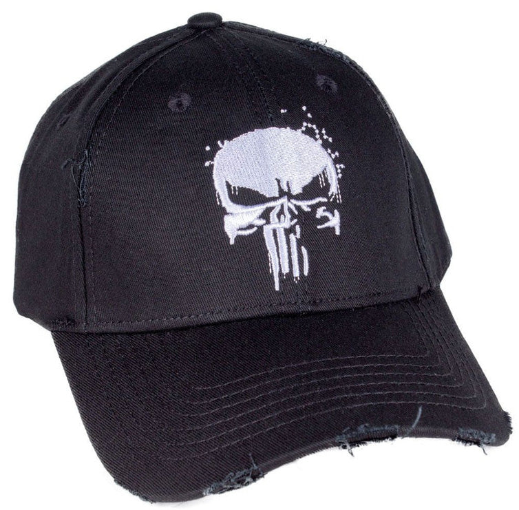 Marvel Comics The Punisher Destroyed Black Cap - Official Licensed Superhero Hat for Cosplay, Halloween & Comic Con | Men's Adjustable Baseball Cap with Embroidered Logo