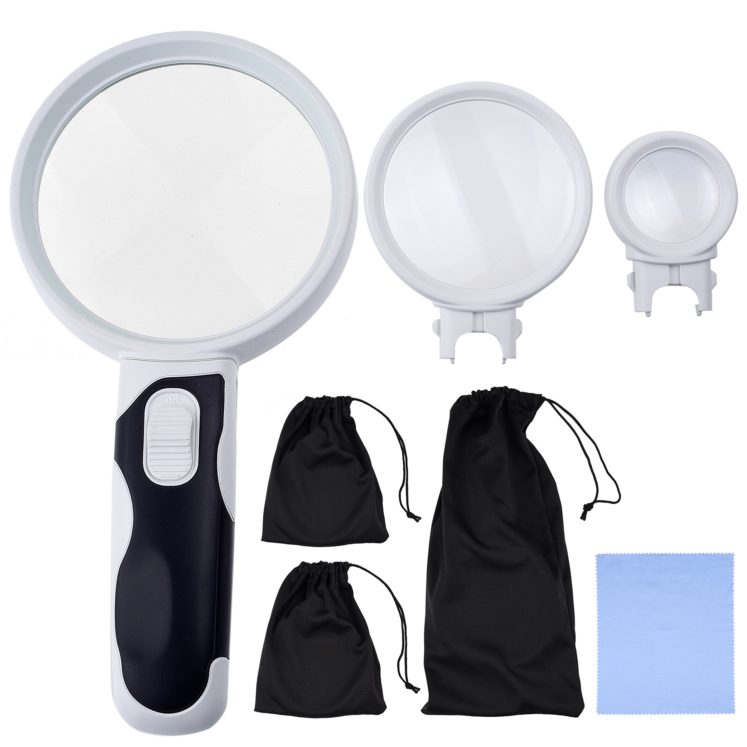 LED Handheld Magnifying Glass Set - 2.5X, 5X, 16X Magnifier for Reading, Jewelry Inspection, Coin & Stamp Collecting - Portable Lighted Magnifying Glass for Seniors & Hobbyists