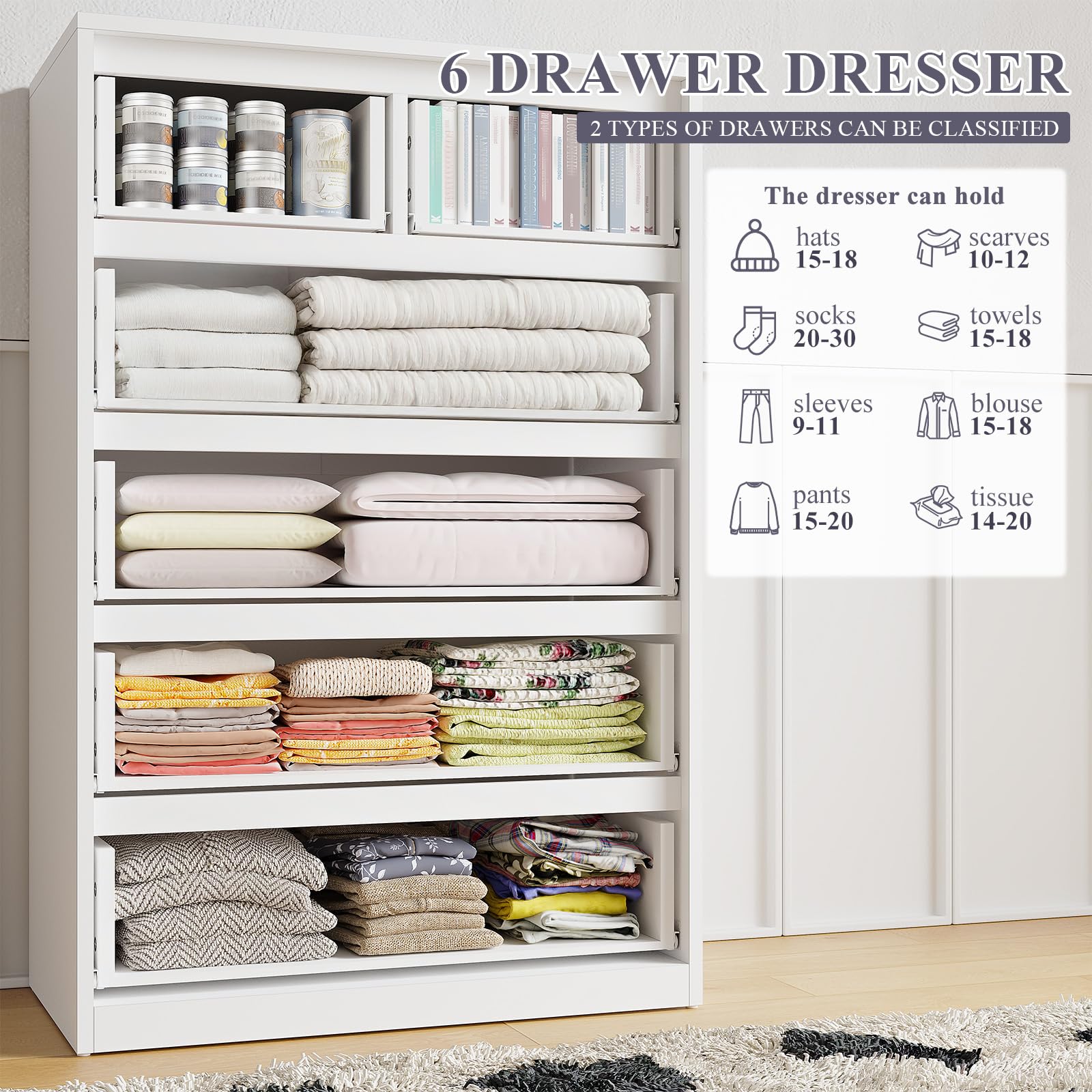 EnHomee 6-Drawer Modern Dresser for Bedroom - White Chest of Drawers with Large Storage Organizer, Deep Drawers & Smooth Metal Glides - Perfect for Bedroom, Nursery, or Dorm Organization