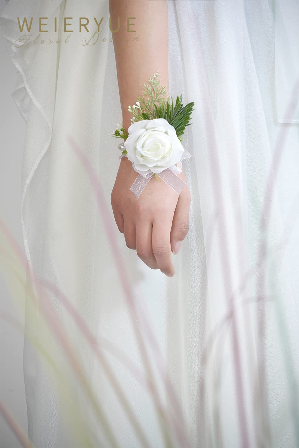 White Rose Wrist Corsage & Boutonniere Set - 2Pcs Wedding Flowers for Ceremony, Prom, Bridal Party - Elegant Floral Wristband & Buttonhole for Men's Formal Events (White Rose Collection)