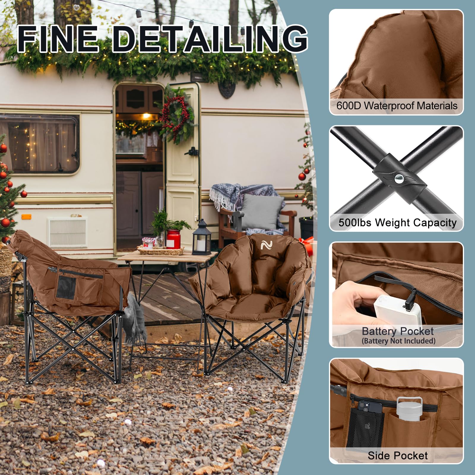 MOPHOTO Portable Heated Camping Chair - Oversized Padded Folding Chair with Heating for Outdoor Sports, Lawn, Patio & Lounge - Perfect for Winter Camping, Fishing, Tailgating & Backyard Relaxation