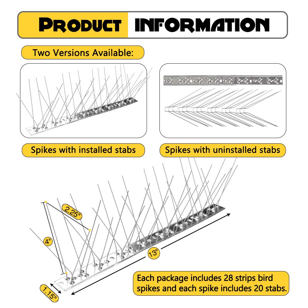Stainless Steel Bird Spikes for Pigeons & Small Birds - 30 Feet (28 Strips) | Cat Proof Bird Deterrent Spikes for Roof, Balcony, Garden & Window Sills