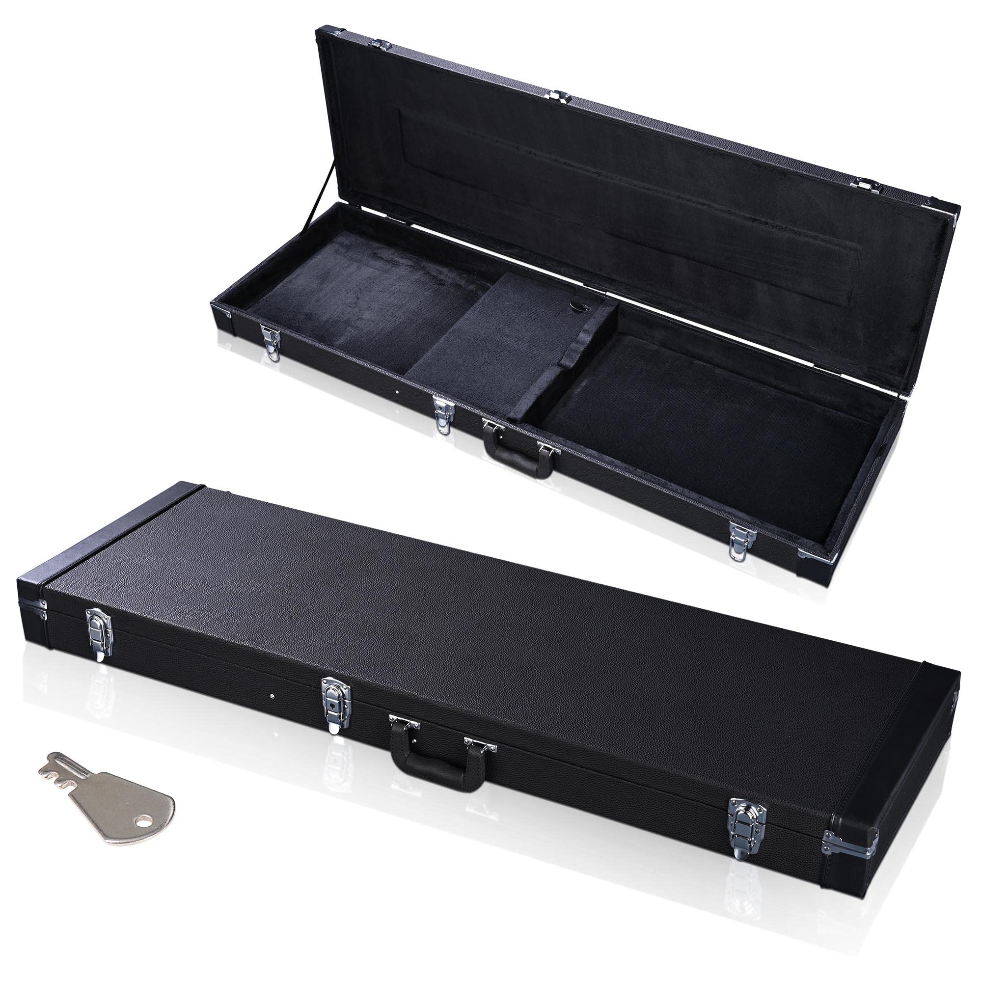 Electric Bass Guitar Hard Case - Wooden Hard Shell with Lockable Key, Black Carrying Case (48 x 15.4 x 3.5 inches) - Perfect for Travel, Storage & Stage Performances