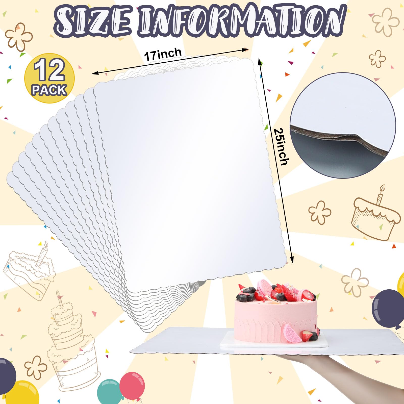 12-Pack 17x25 Inch White Corrugated Cake Boards - Greaseproof Single Wall Rectangular Cake Pads for Half Sheet Cakes, Desserts & Pizzas - Durable Scalloped Edges for Professional Baking & Party Serving