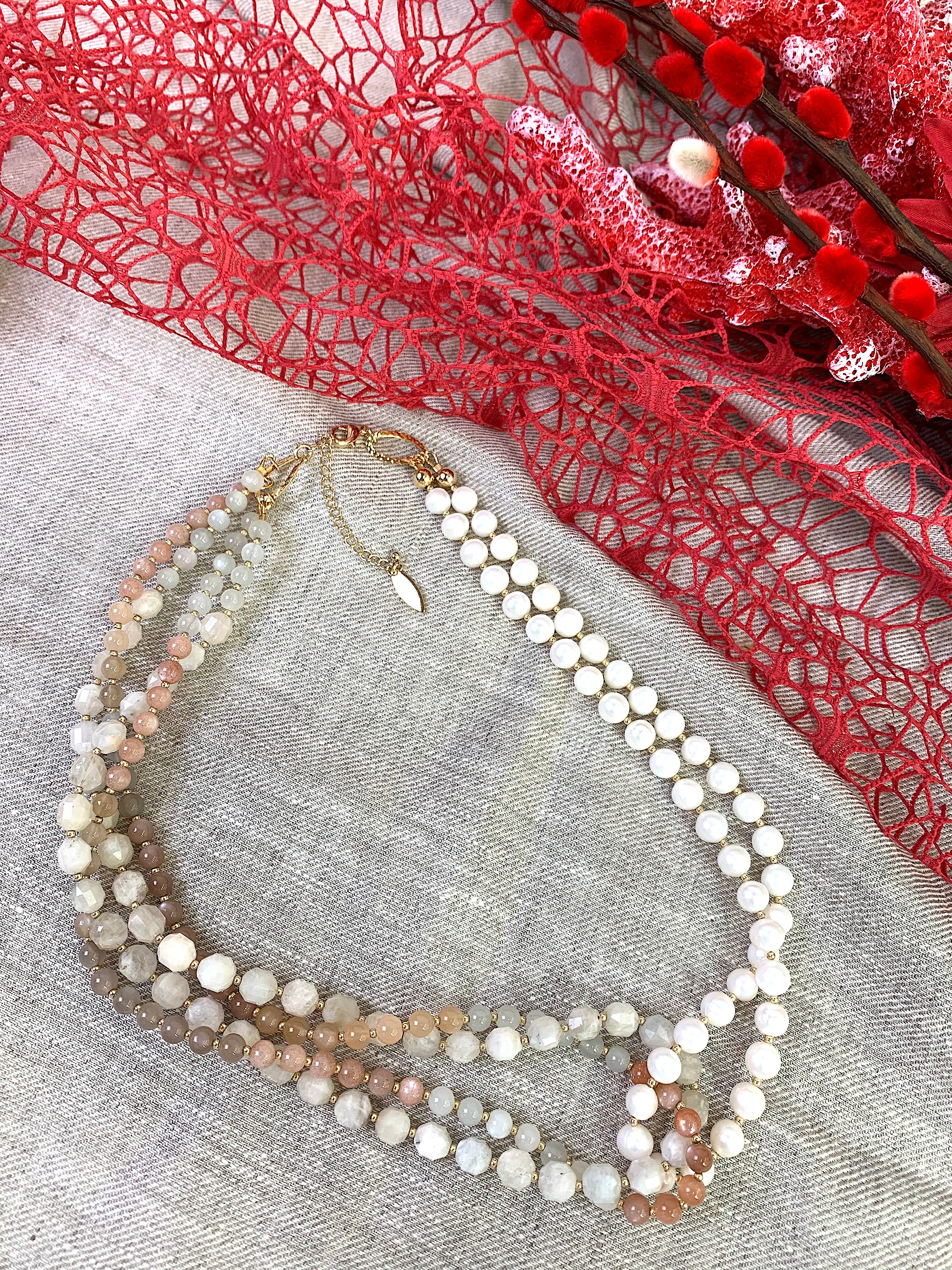 Moonstone and Freshwater Pearl Multi-Strand Necklace EN037 | Boho Chic Jewelry for Women, Bridal Accessories, Gift for Her
