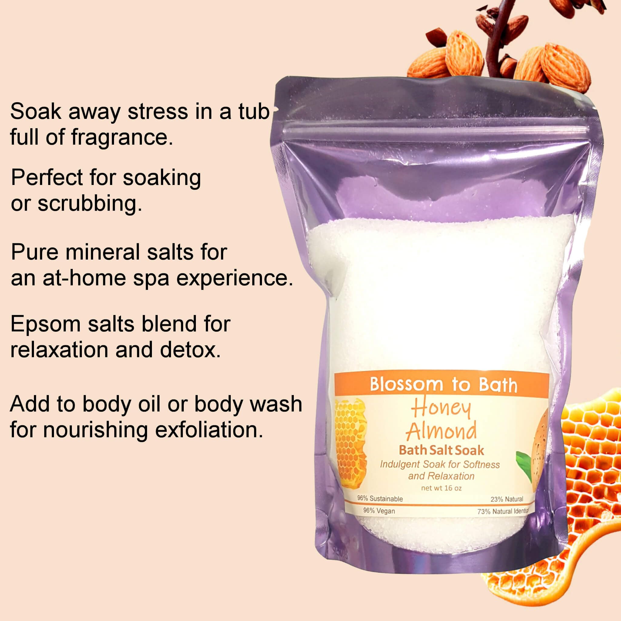 Honey Almond Bath Salt Soak (16oz) - Phthalate-Free Relaxing Bath Soak with Nutty Aroma - Perfect for Stress Relief, Spa Nights & Self-Care Routines