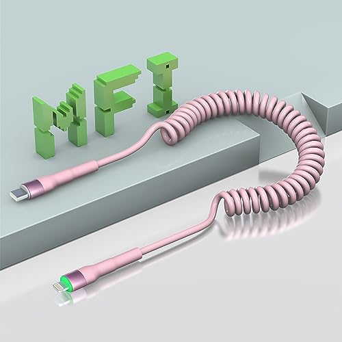 Retractable USB C to Lightning Cable 3Ft - Coiled Type C iPhone Charger for Apple CarPlay & Fast Charging | Pink Short USB Cable for Car, Home, Office & Travel