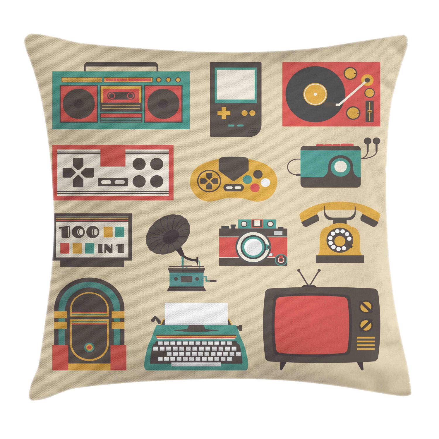 Vintage Gaming & Music Throw Pillow Cover - 16x16 Inch Retro Gameboy Walkman Radio Design, Multicolor Square Decorative Pillow Case for Living Room, Bedroom & Gaming Room Decor