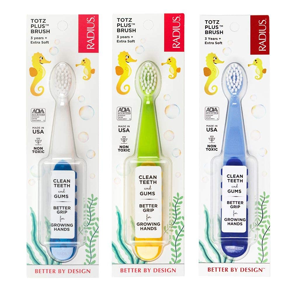 RADIUS Totz Plus Kids Toothbrush - Ultra Soft Bristles, BPA Free, ADA Accepted - Gentle Dental Care for Children 3+ Years (Blue/White, Green/Yellow, Blue/Blue) - 3 Pack - Perfect for Toddler Oral Hygiene & First Toothbrush Training