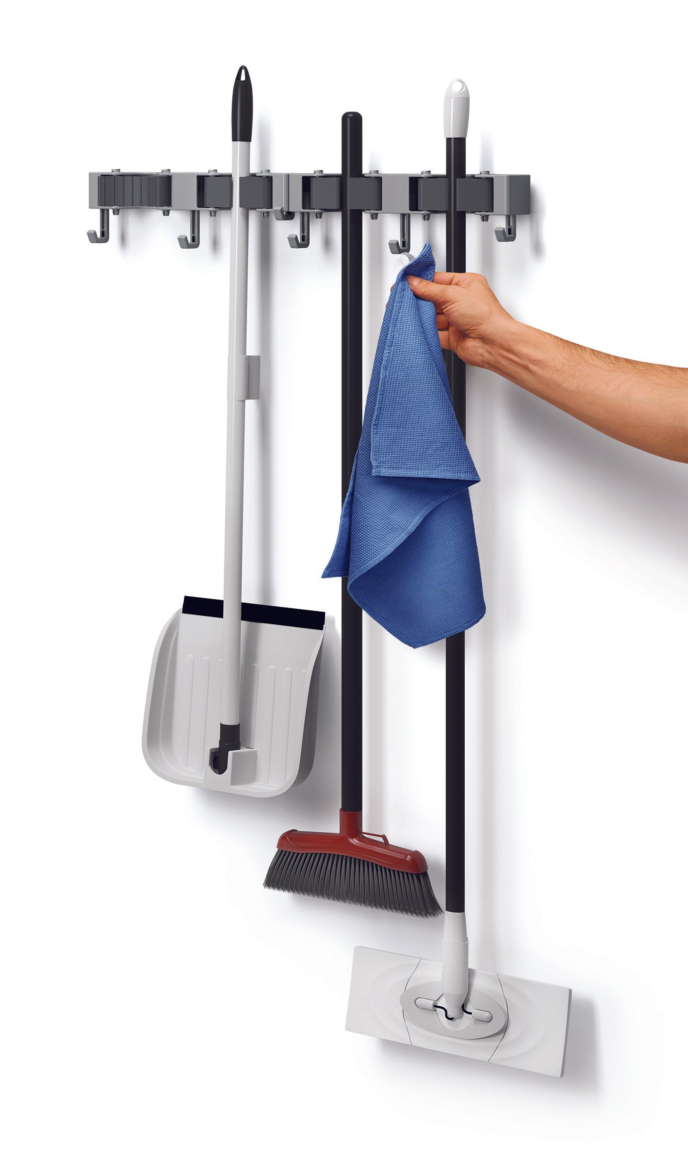 Wall Mounted Tool Organizer - Heavy Duty Broom & Mop Holder with Hooks for Garage, Kitchen, or Utility Room Storage