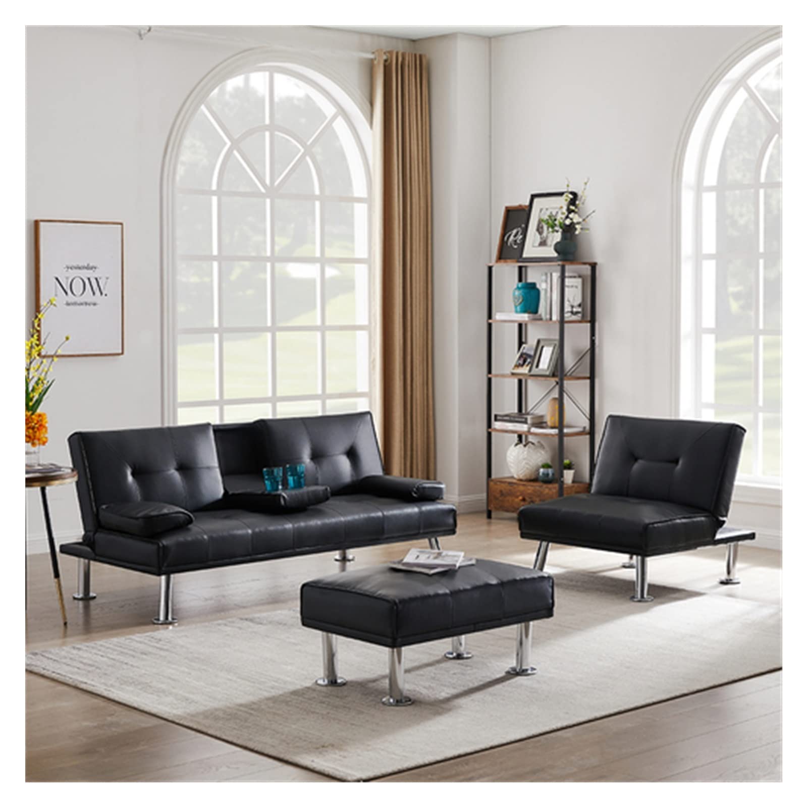Modern Faux Leather Convertible Futon Sofa Bed with 2 Cup Holders, Removable Armrest & Metal Legs - 3-Piece Set with Ottoman - Perfect for Small Spaces, Guest Rooms & Studio Apartments