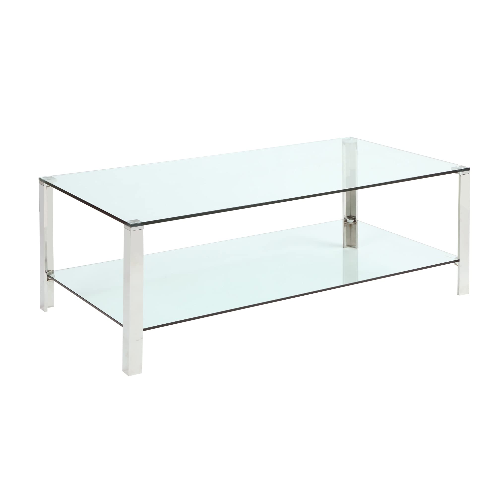 Chintaly Imports Modern Rectangular Glass & Stainless Steel Cocktail Table - Clear Transparent Design for Living Room, Lounge & Outdoor Patio Decor