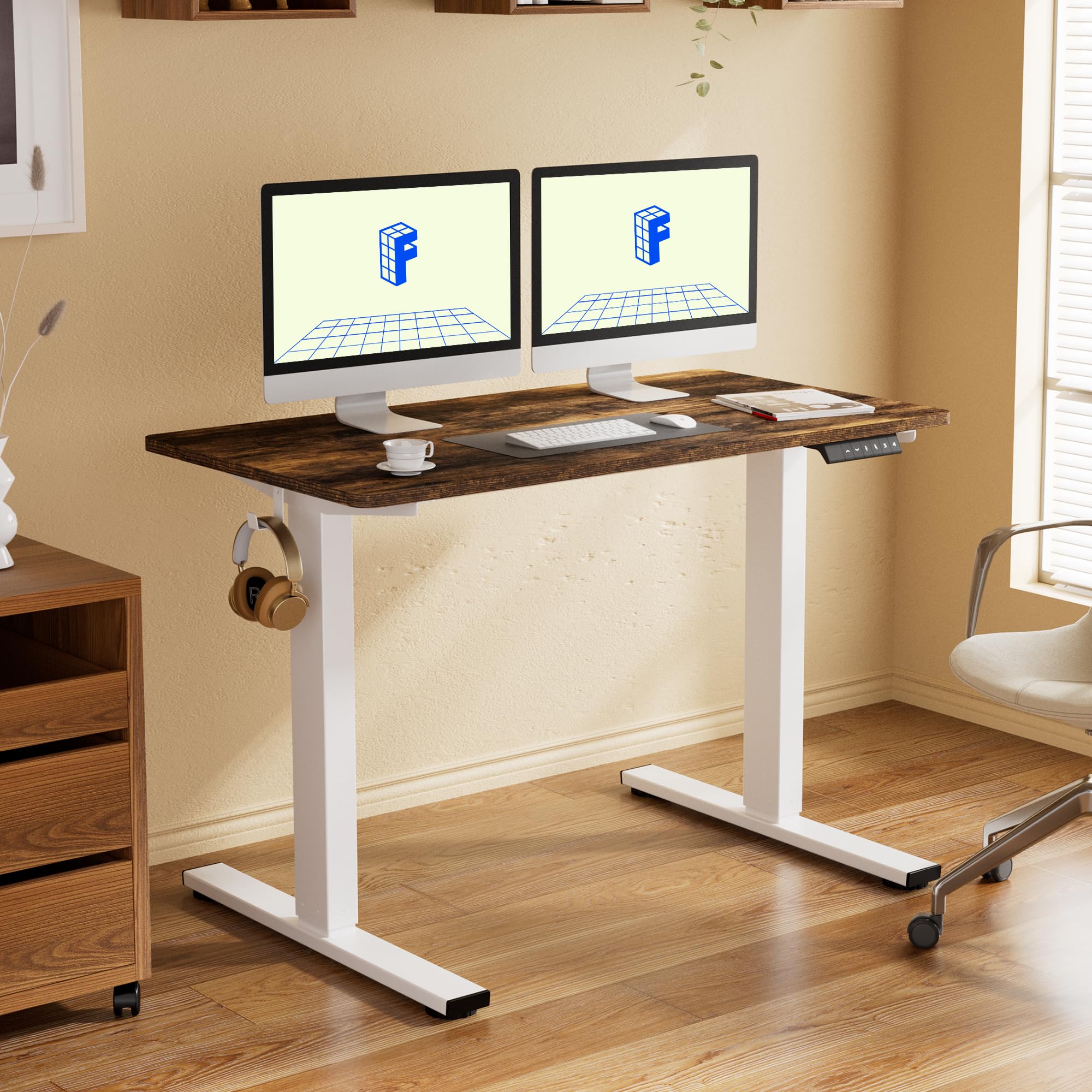 FLEXISPOT EN1 55 x 28 Inches Electric Height Adjustable Standing Desk - White Frame & Rustic Top (2-Pack) for Home Office, Gaming, and Workspace Ergonomics | Perfect for Remote Work and Study