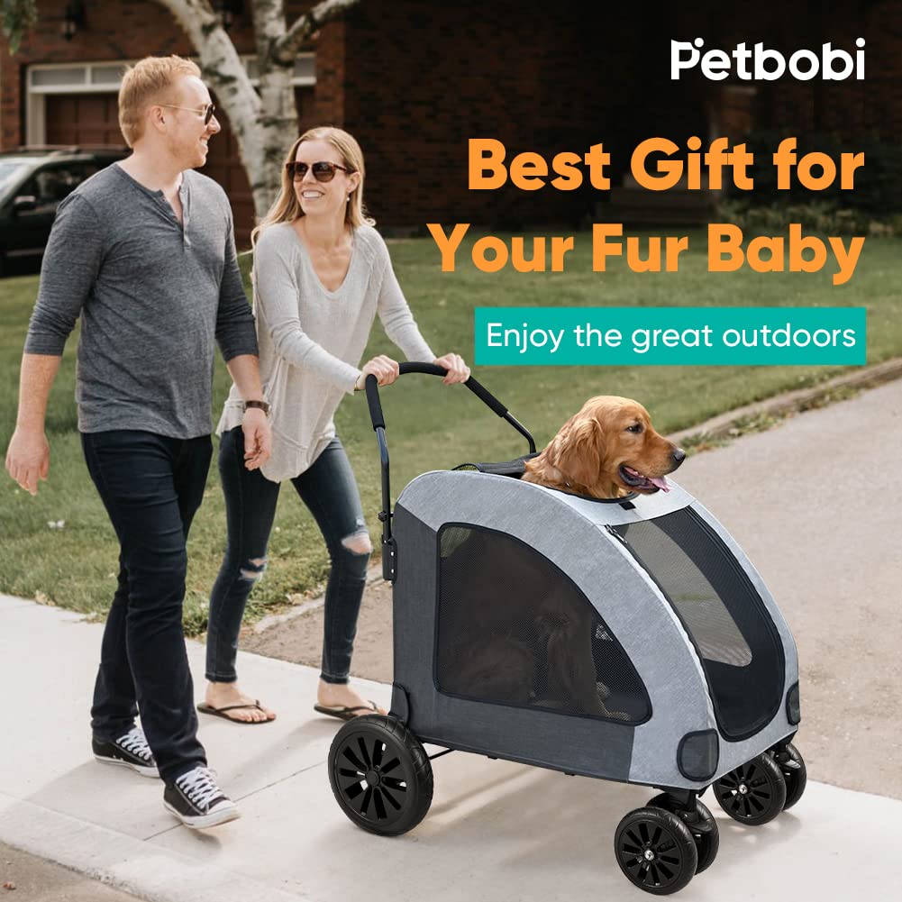 Petbobi Large Dog Stroller - Heavy Duty 120lbs Capacity, Breathable & Waterproof Oxford Fabric, Detachable Storage Bag, Foldable Design with 4 Rubber Wheels - Ideal for Medium to Large Dogs, Perfect for Outdoor Walks, Vet Visits, and Travel (Grey)