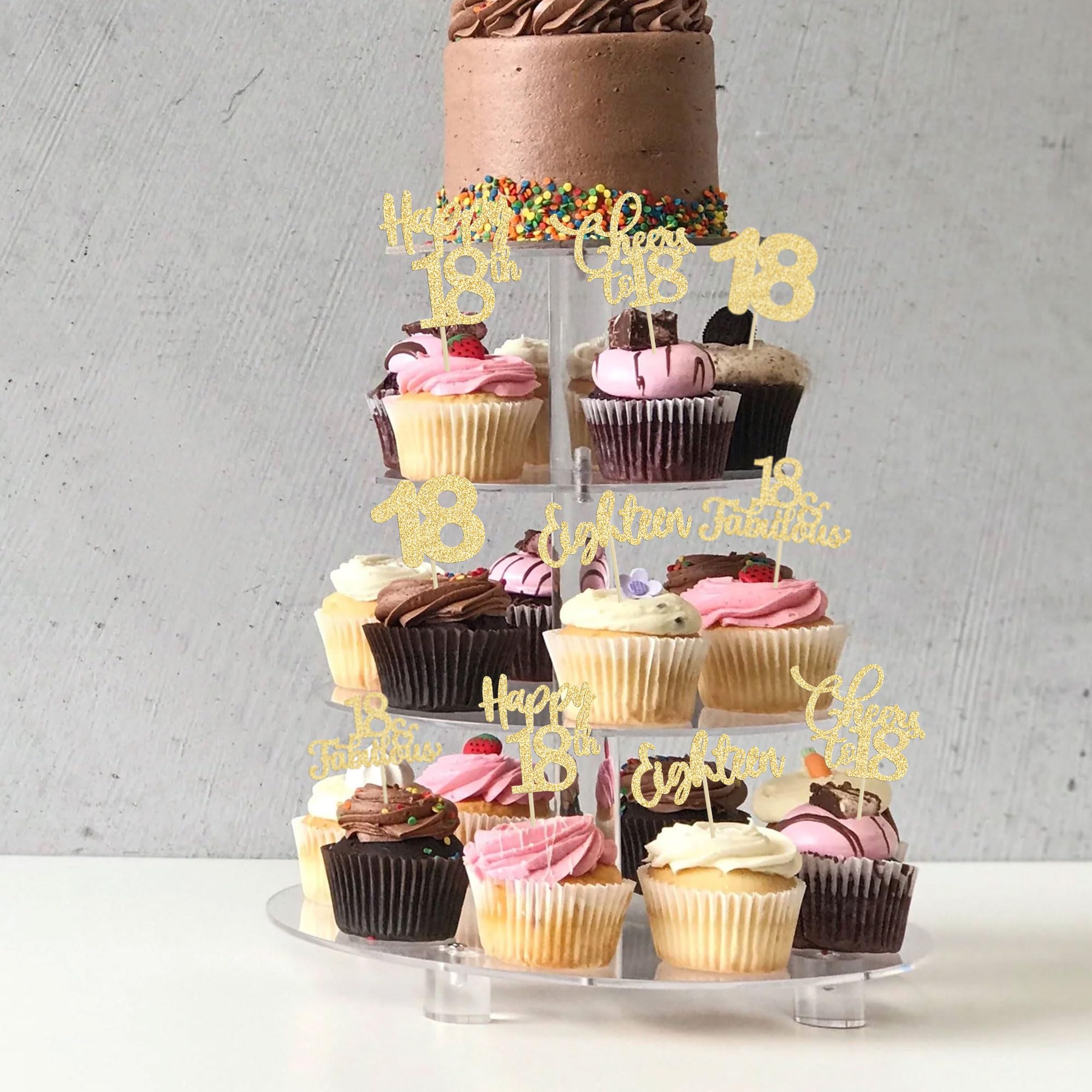 30 Pack Gold Glitter Happy 18th Birthday Cupcake Toppers - Cheers to 18 Years Cake Decorations for Anniversary Party, Graduation Celebration & Sweet 16 Decor