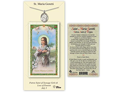 Bonyak Jewelry St. Maria Goretti Pewter Pendant with 24-Inch Curb Chain & Prayer Card - Catholic Religious Necklace for Women, Gift for First Communion, Confirmation, and Devotional Wear