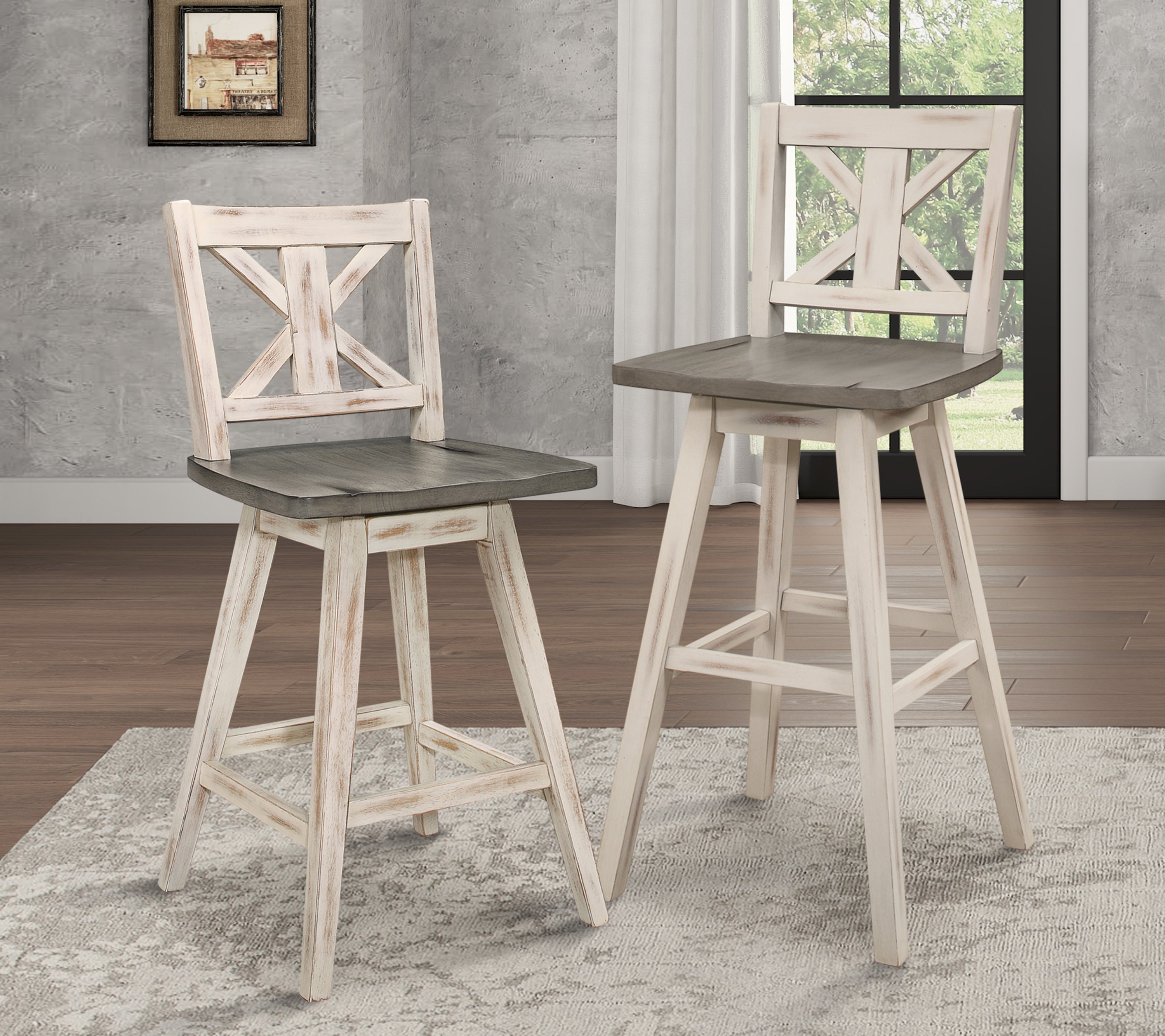 2-Piece Counter Height Swivel Bar Stool Set - 360° Rotating White & Gray X-Back Chairs, Solid Rubberwood Construction for Kitchen Island, Dining Room & Breakfast Nook - Modern Home Furniture