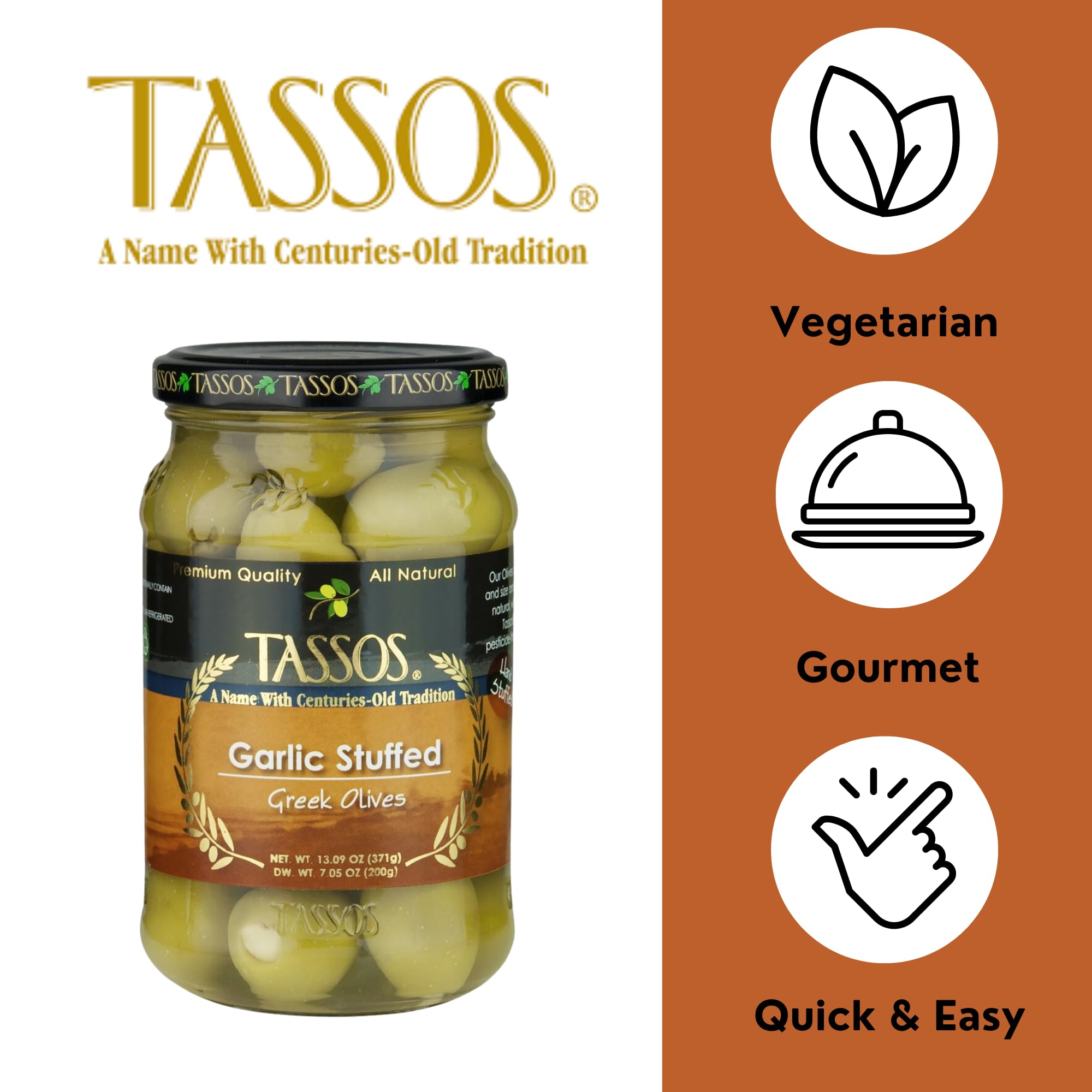 Tassos Garlic Stuffed Green Olives - 13 oz Jar | Premium Mediterranean Snack for Charcuterie Boards, Salads & Cocktails