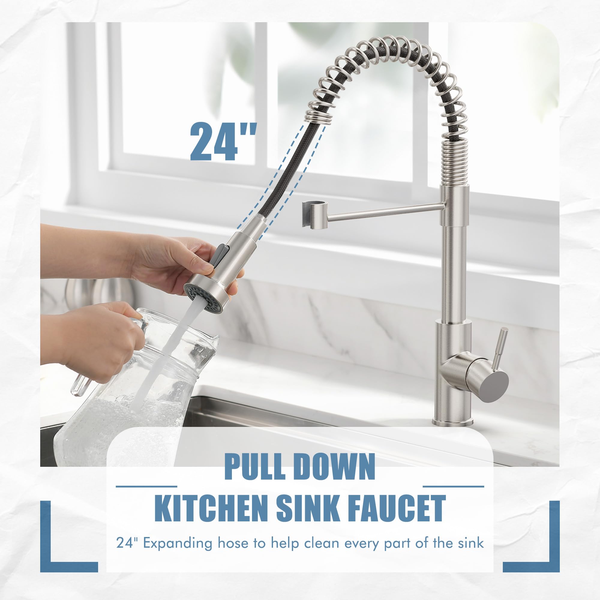 GIMILI High Arc Pull Out Sprayer Kitchen Faucet - Single Handle Brushed Nickel Modern RV Stainless Steel Sink Faucet for Home, RV, and Small Spaces