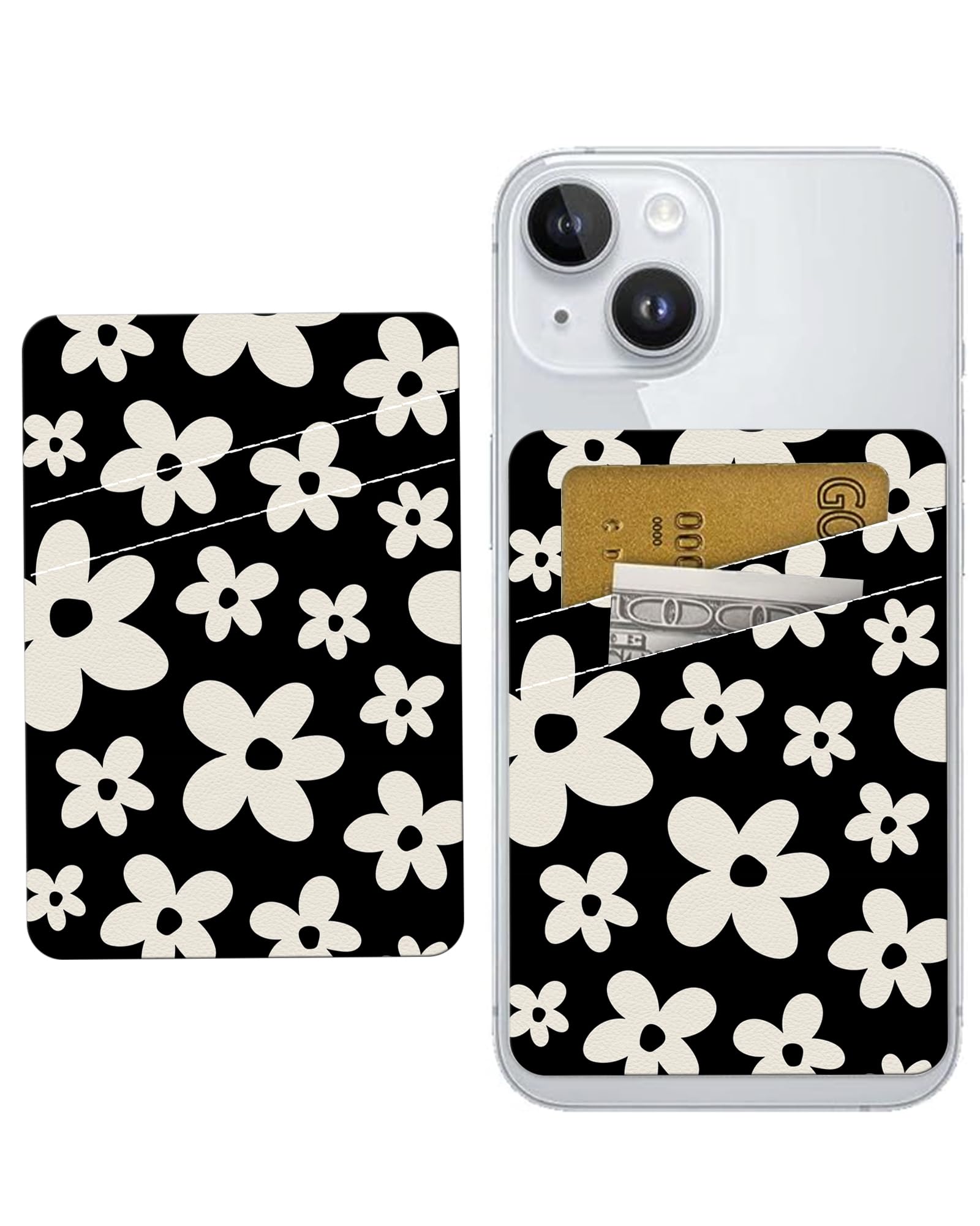 Leather Phone Card Holder with Adhesive - Dual Pocket Wallet for Credit Cards & Cash, Cute Black White Floral Design, Compatible with Most Smartphones - Perfect for Travel, Shopping & Daily Use