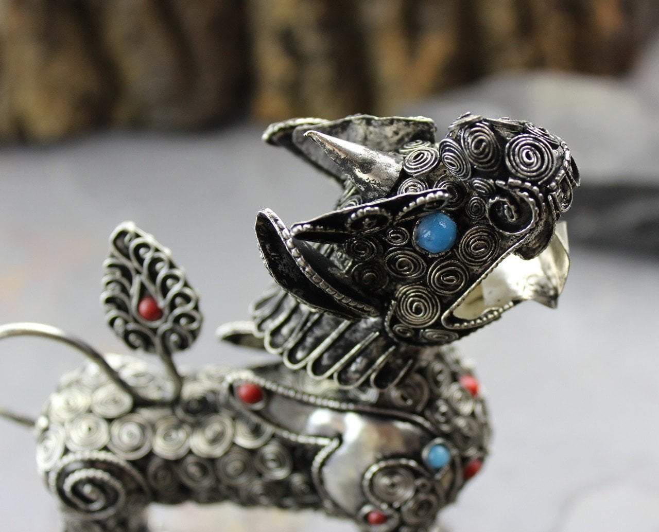 Handmade Metal Snow Lion Statue with Garuda Head - Tibetan Buddhist Decor for Home Altar & Meditation Space