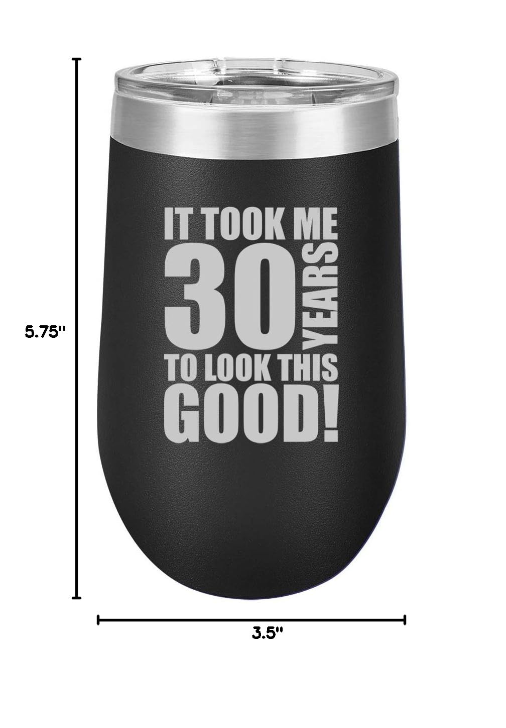 30th Birthday Gift - 16 oz Double Wall Vacuum Insulated Stainless Steel Wine Tumbler with Lid, Stemless Coffee Travel Mug for Hot & Cold Drinks - Perfect for Anniversary, Camping, Office & Outdoor Use (Black)