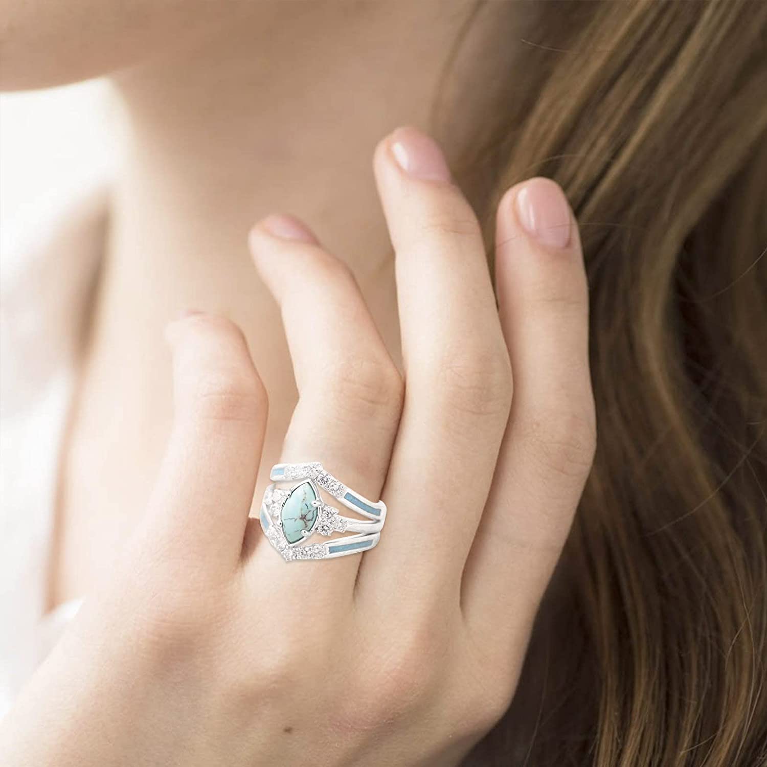 Sterling Silver Natural Turquoise & Diamond Ring Set for Women - 3PCS Stackable Gemstone Rings with Sapphire & Emerald - Elegant Jewelry Gift for Anniversary, Birthday, or Daily Wear (Silver, Size 7)
