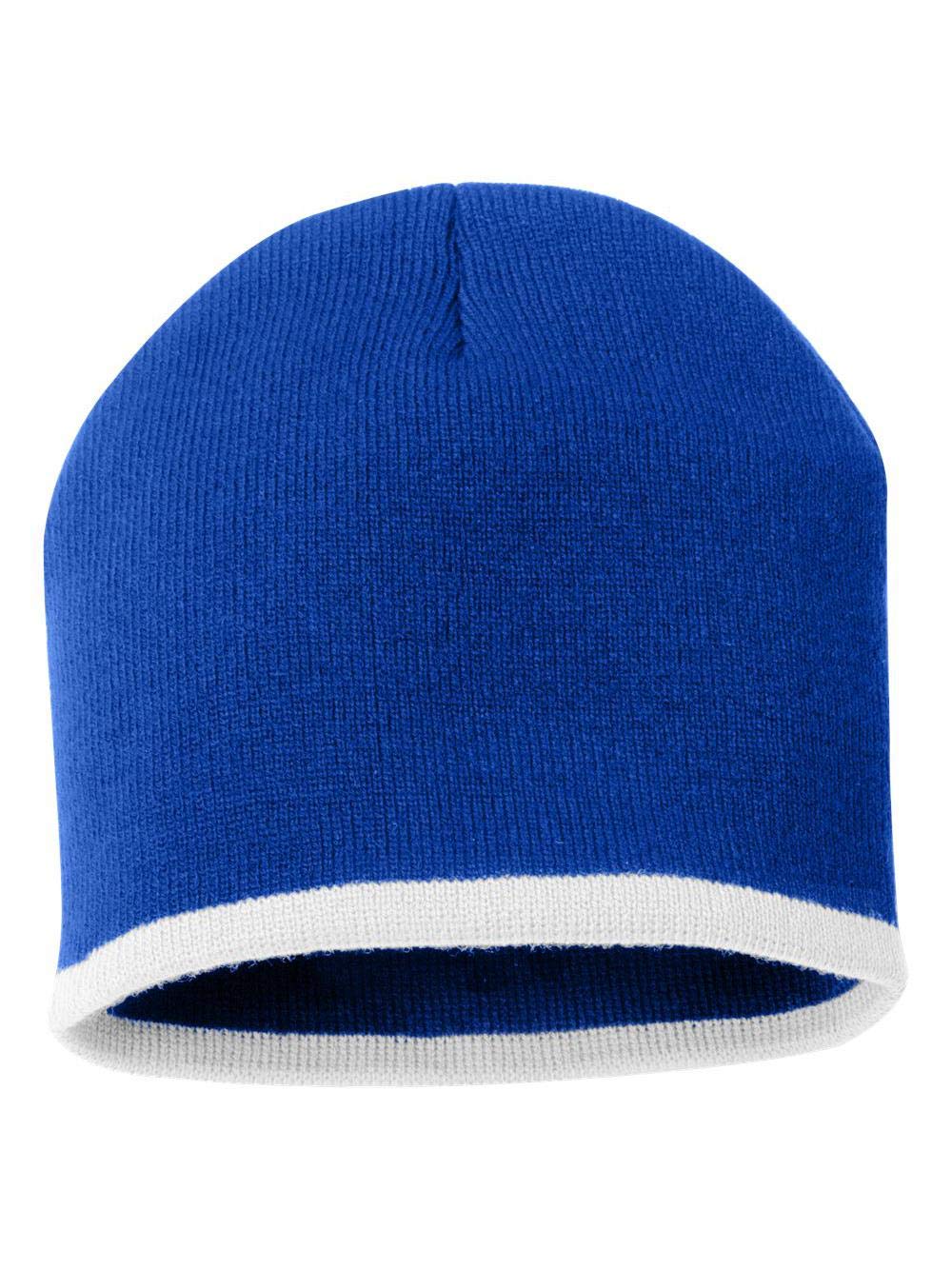 Sportsman 8-Inch Bottom-Striped Knit Beanie - One Size Fits All - Royal Blue & White Winter Hat for Men & Women - Perfect for Skiing, Snowboarding & Outdoor Winter Activities