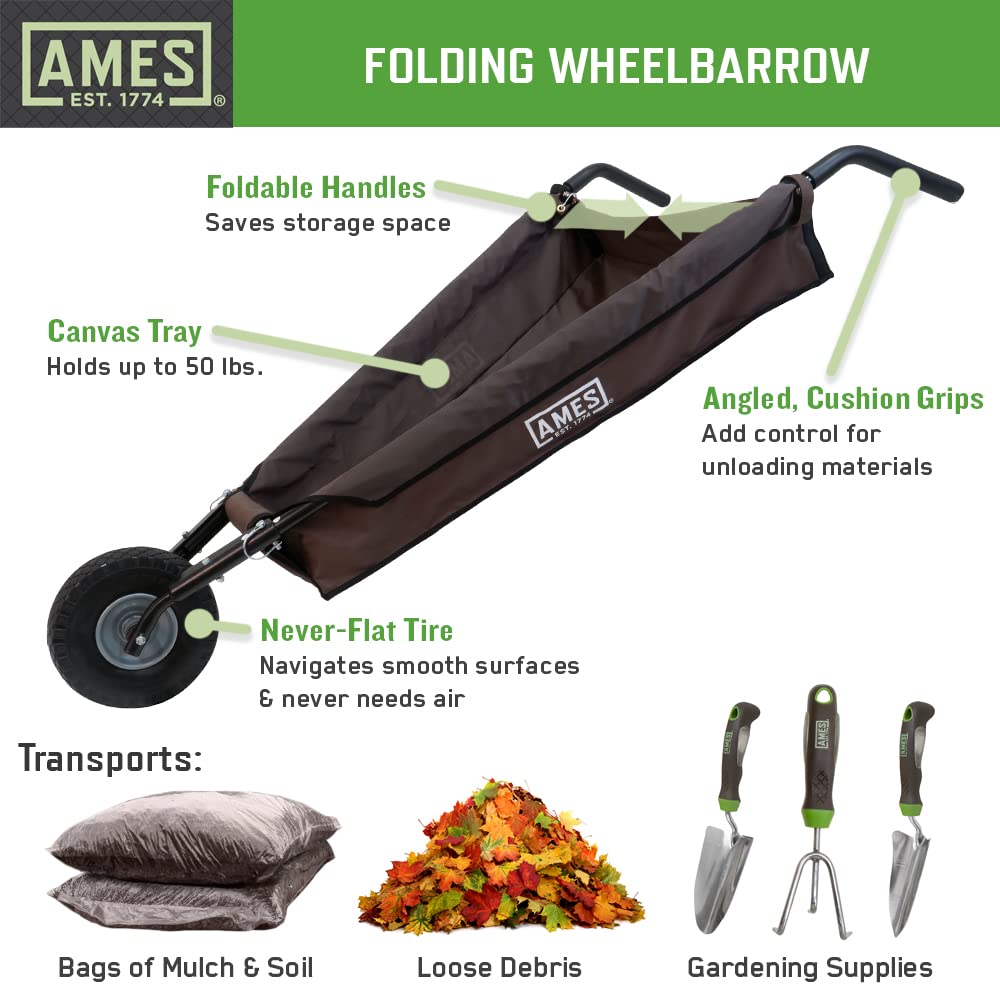AMES Heavy Duty Folding Wheelbarrow - Lightweight Single Tire Yard Cart for Garden, Lawn & Landscaping - Perfect for Transporting Leaves, Mulch, Soil & Gardening Supplies