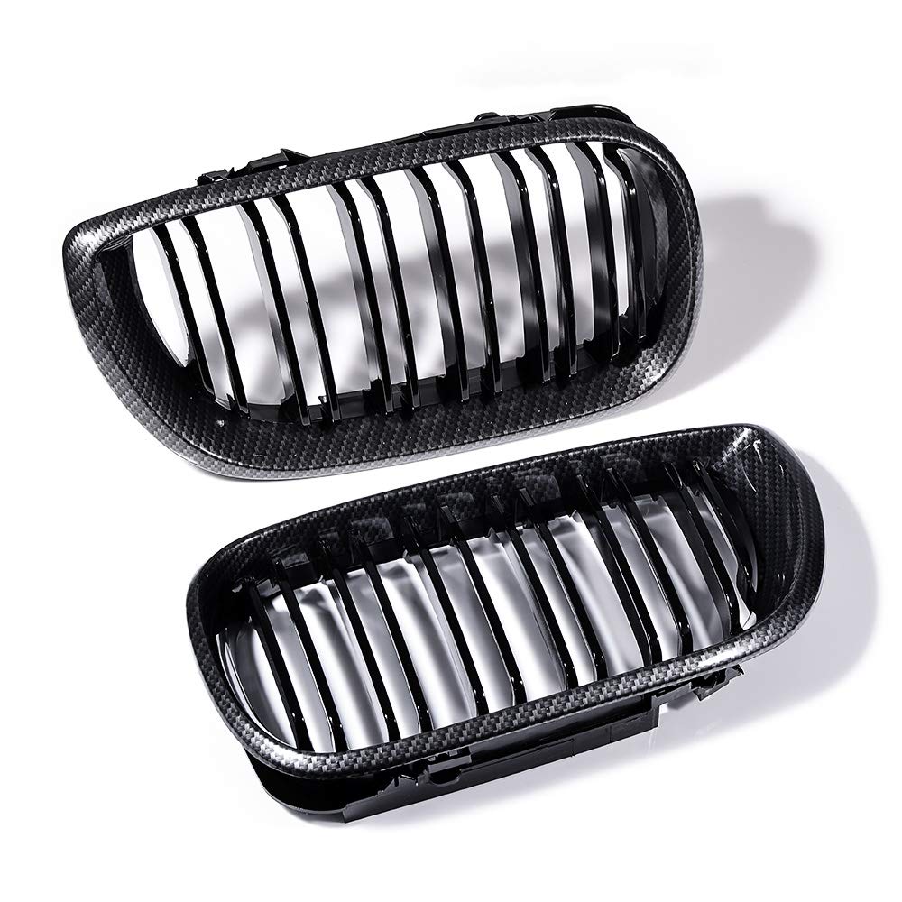Glossy Black Carbon Fiber Front Hood Dual Slats Kidney Grille for BMW E46 4-Door Sedan (2002-2004) - LH RH Compatible - Upgrade Your Car's Style for Street Racing & Show Car Events