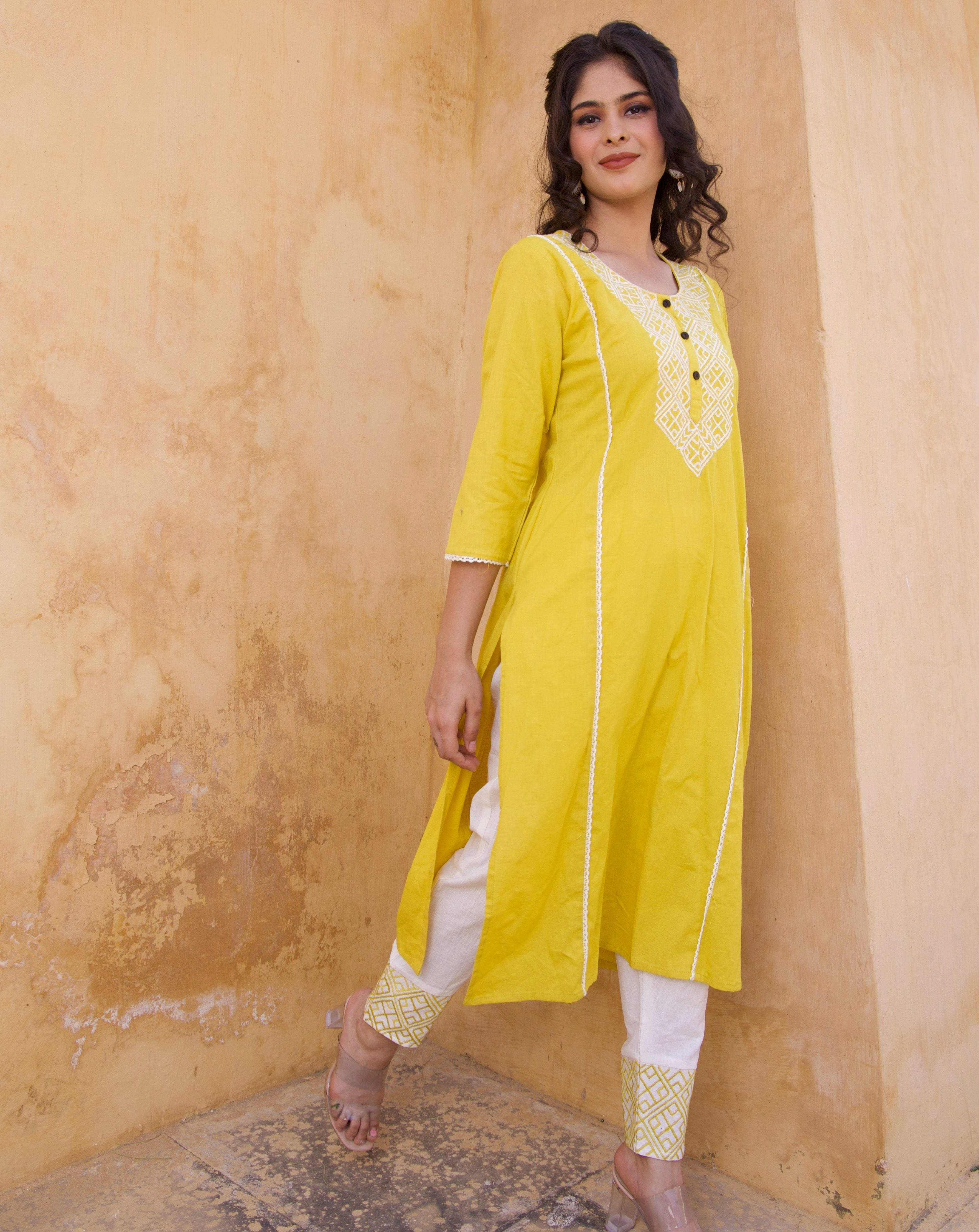 White and Yellow Embroidered Kurta and Pants Set for Women | Traditional Indian Ethnic Wear | Perfect for Festivals, Weddings & Special Occasions