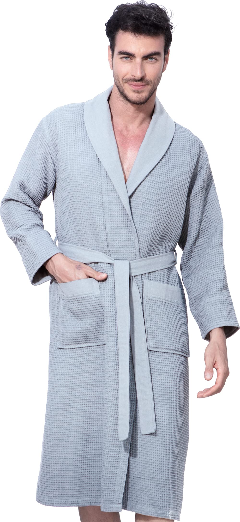 SEYANTE Men's Lightweight Cotton Waffle Weave Robe with Hood - Ultra Soft Full Length Bathrobe for Spa, Sleepwear & Lounge Wear at Home