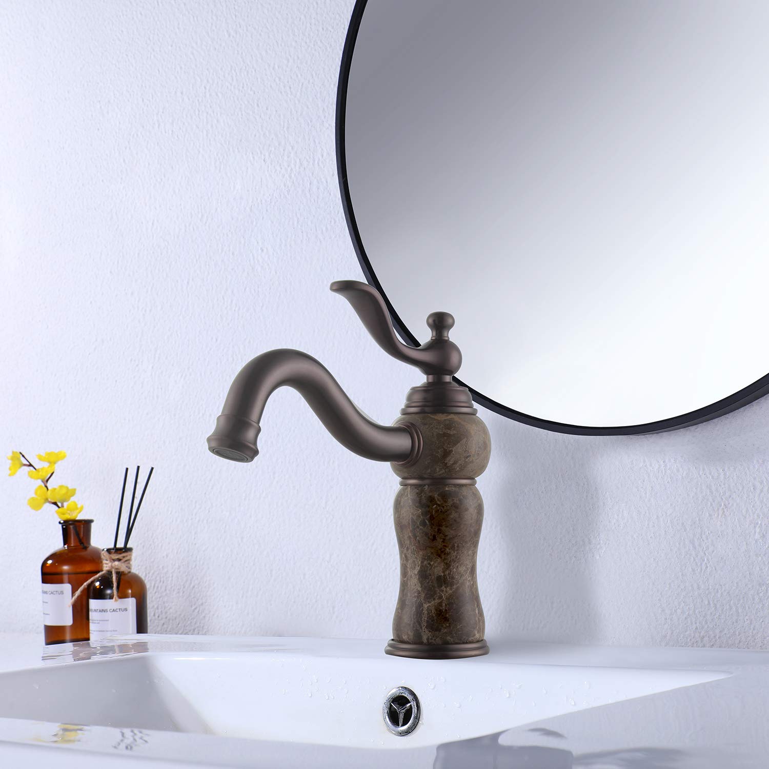 Luxury Stone Bathroom Faucet - European All Copper & Natural Marble Emperador Basin Mixer Tap - Hot & Cold Water Venetian Bronze (C12123PS-FW) - Perfect for Modern & Classic Bathroom Decor