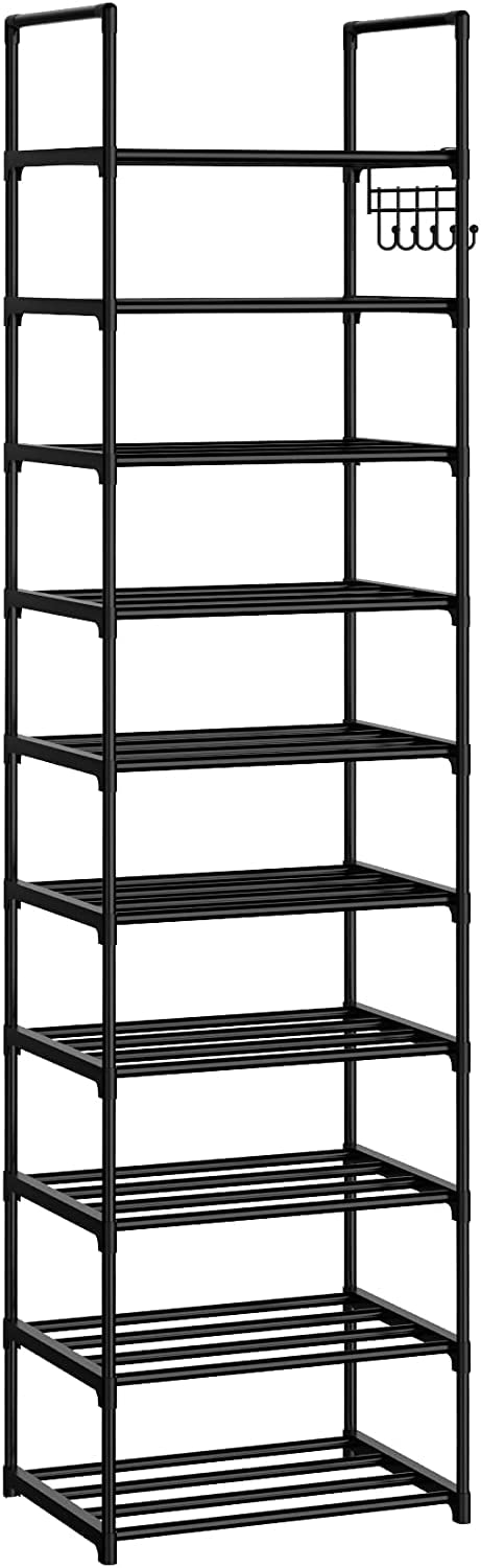 VTRIN 10-Tier Narrow Shoe Rack - Holds 20-25 Pairs of Shoes & Boots | Space-Saving Shoe Organizer for Entryway, Closet & Hallway | Sturdy Black Shoe Shelf with 5 Hooks for Sneakers, Heels & Boots | Perfect for Small Spaces & Apartment Living