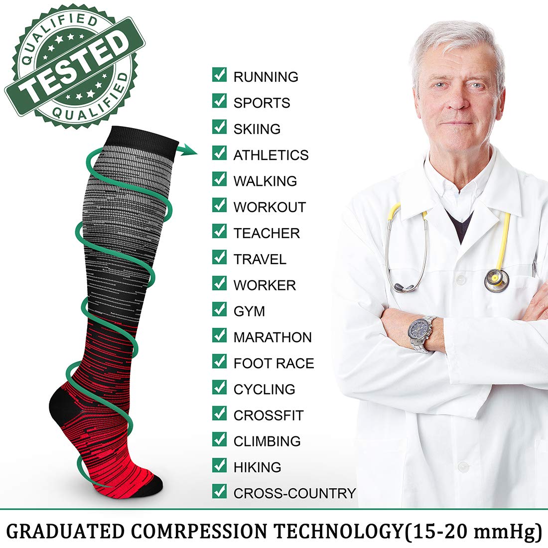 Acture 6 Pairs Compression Socks for Men & Women (15-20mmHg) - Best for Running, Sports, Medical Support, Pregnancy & Travel - Improve Circulation & Reduce Swelling for Athletes, Nurses & Frequent Flyers