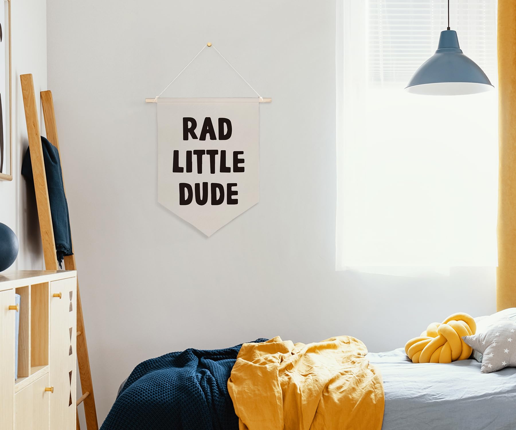 Cool Boy Nursery Wall Decor - Rad Little Dude Room Decor for Bedroom, Playroom & Kids Room | Hanging Pennant Flag Canvas Banner for Toddler Boys - Perfect for Birthday Parties & Nursery Theming