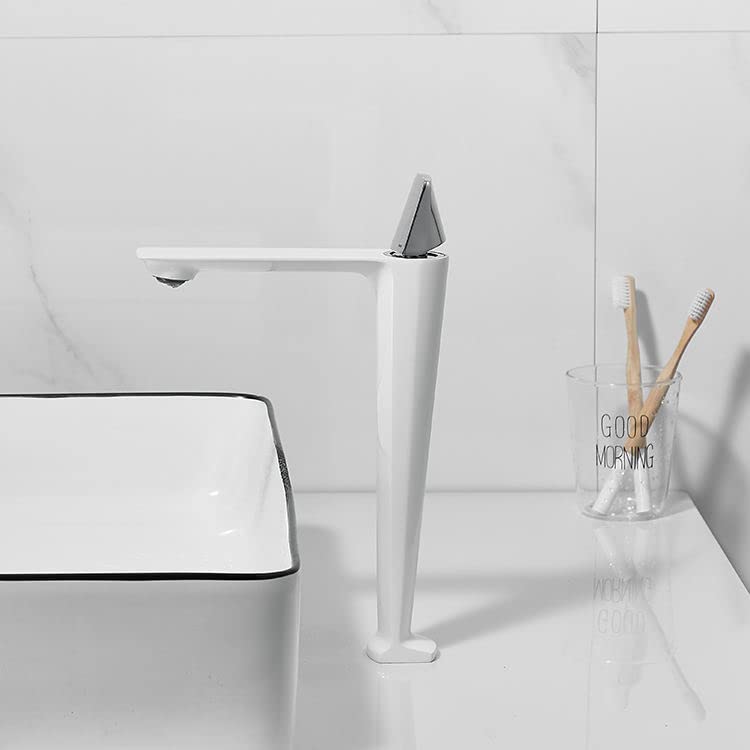 Luxury Brass Single Lever Basin Mixer Tap - Hot & Cold Water Extended Spout - White Bathroom Sink Faucet for Modern & Classic Wash Basins