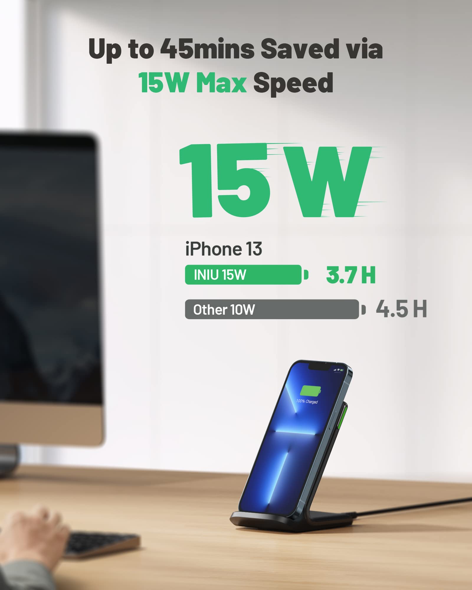 INIU 15W Qi Certified Fast Wireless Charging Stand with Sleep-Friendly Adaptive Light - Compatible with iPhone 16/15/14/13/12 Pro Max/Plus, Samsung Galaxy S23/S22 Ultra/S21/S20/Note 20, Google Pixel - Perfect for Bedside, Office & Travel Charging