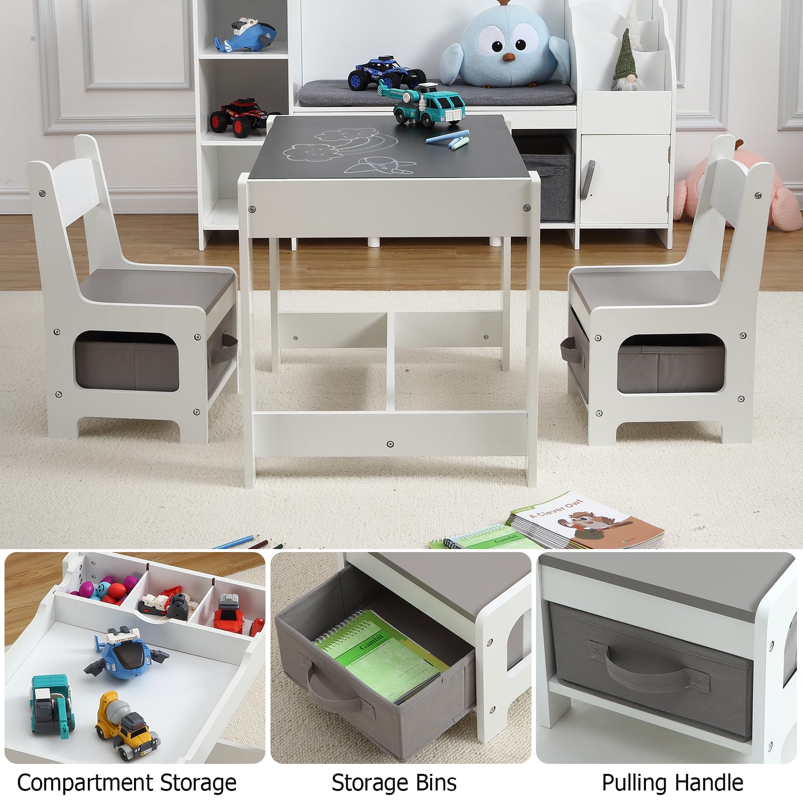 GARVEE 3-in-1 Kids Table and Chair Set with Storage Drawer - Wooden Activity Table for Toddlers Arts & Crafts - 2-in-1 Tabletop - Natural Material Playroom Furniture for Home, Kindergarten, Daycare - Perfect for Drawing, Learning & Playtime - Grey