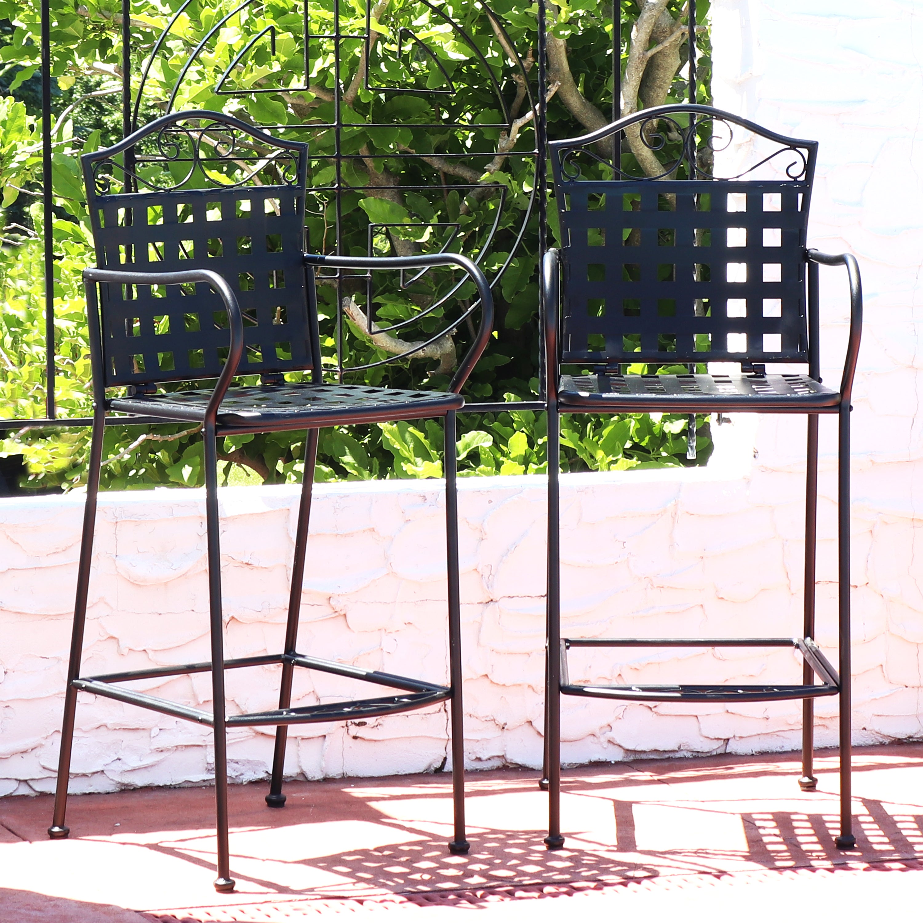 Black Wrought Iron Bar Chairs Set of 2 - Outdoor Patio Dining & Garden Furniture - Perfect for Backyard, Poolside & Restaurant Use